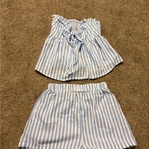 SHEIN Blue and White Striped Women Shorts Set